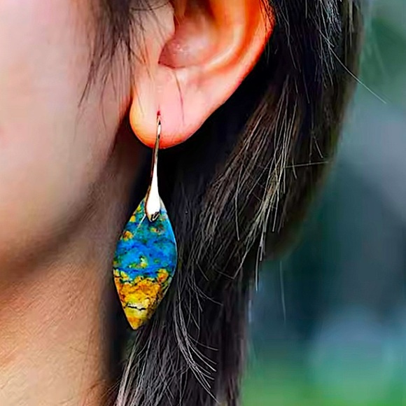 Blue and Brownn Jasper Leaf Earrings Dangle Natural Stone Drop Gift - Picture 2 of 3